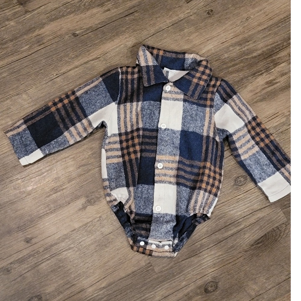 Unbranded Blue Tan Plaid Long Sleeve Flannel Bodysuit 12-18M‎ Onesie